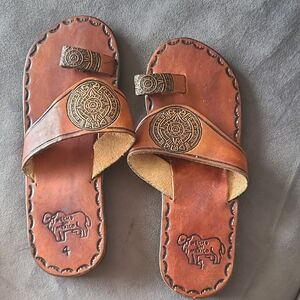 Authentic Mexican Handmade Brown Leather Sandals Aztec Design Size 4 MEX/7 US